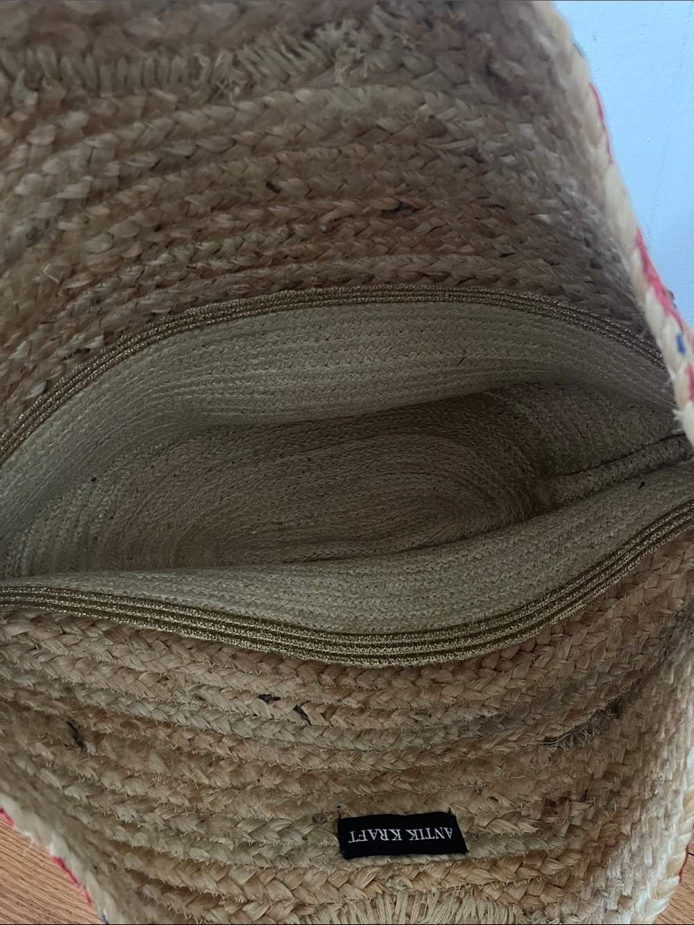 Antik Kraft Handwoven Floral Straw Raffia Jute Tote in Red, Mustard & Navy - Picture 10 of 11